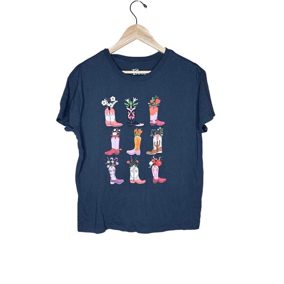 Doe Women’s Large Graphic Tee – Gray Western Cowboy Boot Floral Print T-Shirt - Picture 1 of 5